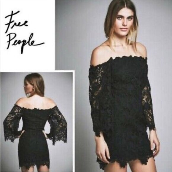 Free People Dresses & Skirts - Free People Black Floral Lace Off Shoulder Dress Size 6